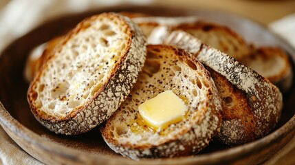 Close-up of toasted bread slices with melted butter on a wooden plate.