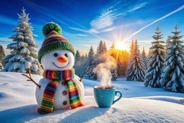 Obraz premium Adorable Snowman Enjoying a Warm Cup of Coffee in a Beautiful Winter Wonderland Surrounded by Fresh Snow and Pine Trees Under a Bright Blue Sky – Perfect for Holiday Themes