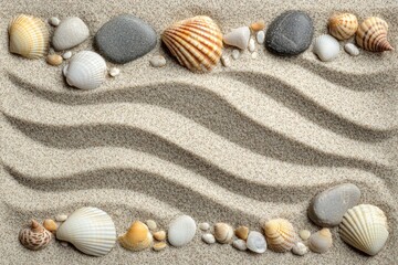 Texture of sandy surface with seashells and pebbles arranged in gentle waves under soft sunlight