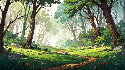 Fototapeta premium A serene forest scene with a winding path, dappled light, and lush greenery.