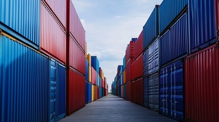 Fototapeta premium Colorful Shipping Containers Stacked in Logistics Port Under Blue Sky : Generative AI