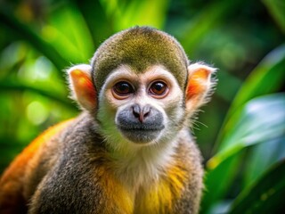 Obraz premium Adorable Tiny Monkey, Miniature Primate, Squirrel-Sized Monkey Photo, Small Monkey Pictures, Cute Monkey Images, Candid Wildlife Photography