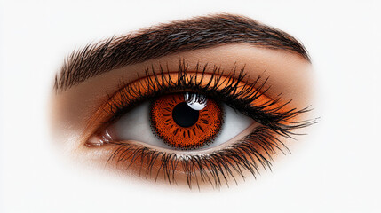 Obraz premium Fiery Gaze: An intensely expressive close-up of a captivating amber eye, featuring dramatic makeup and a fiery orange contact lens. The mesmerizing detail and vibrant color evoke a sense of power.