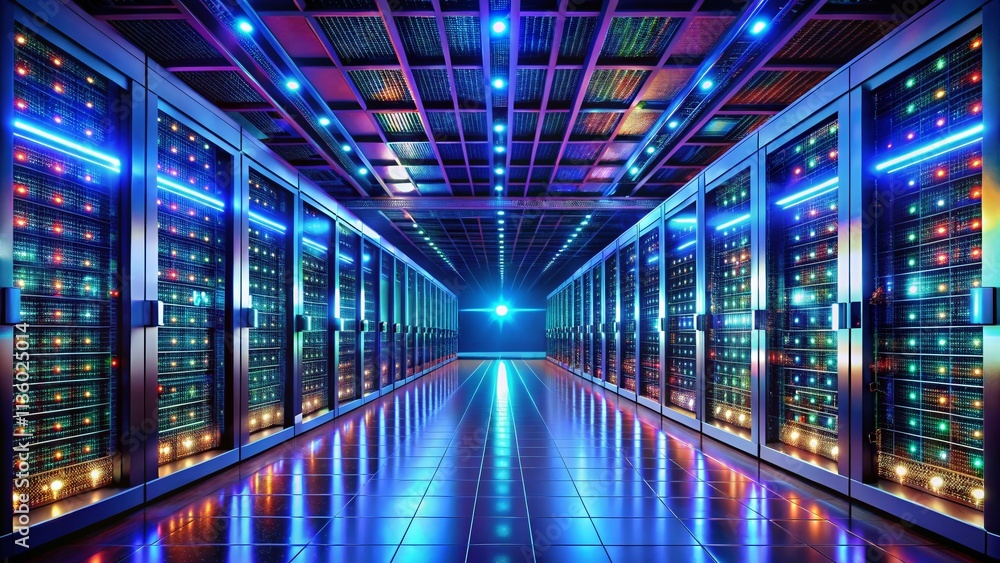 Poster advanced data center with server racks in 360-degree panoramic view, featuring modern technology, id