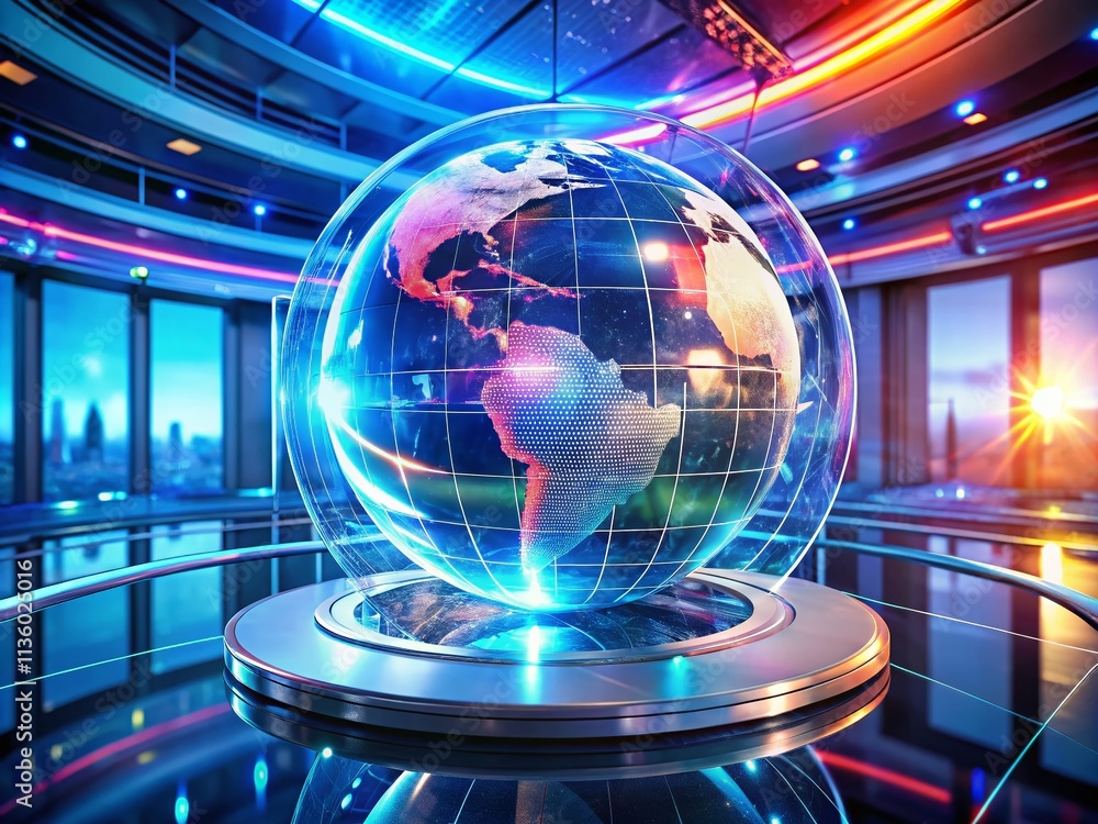 Aufkleber advanced news broadcasting technology featuring a holographic rotating globe for global communicatio