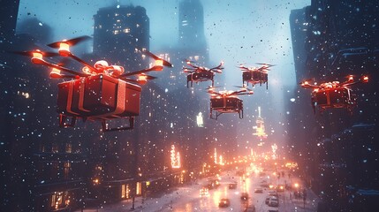 A snowy evening with drones flying in formation, carrying sparkling gift boxes tied with ribbons, neon-lit urban skyline in the background, snow gently falling,