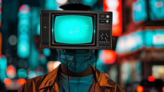 Neon city wanderer with tv head transforming in night lights