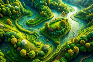 Obraz premium Aerial Abstract Green Painting, Generative AI Art, Nature Inspired Digital Artwork, Lush Green Landscape