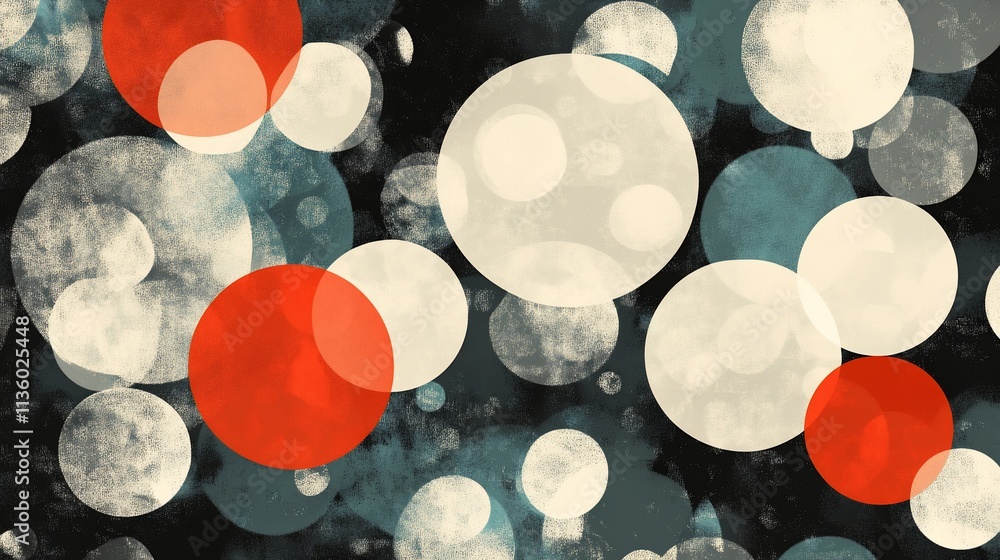 Poster abstract background with red and white circles on dark backdrop.