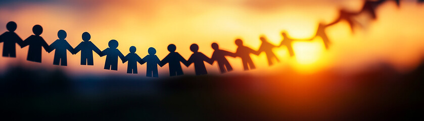 Silhouette of paper people chain against a warm sunset background symbolizing unity and connection.