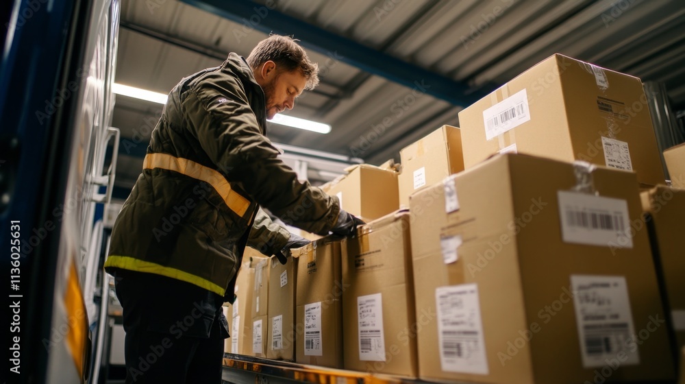 Poster warehouse worker organizing shipment boxes logistics center action scene industrial setting close-up