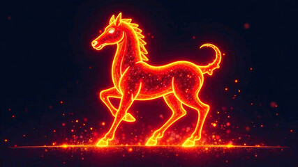 Fire Horse sign illuminated in radiant orange and red lines against a deep black background, evoking the essence of molten lava in an artistic representation
