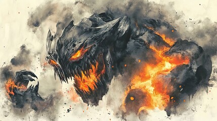 Fiery Lava Monster Emerging From Volcanic Ash Clouds