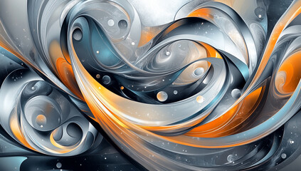 A dynamic digital art piece featuring swirling patterns of silver, orange and gray with fluid shapes
