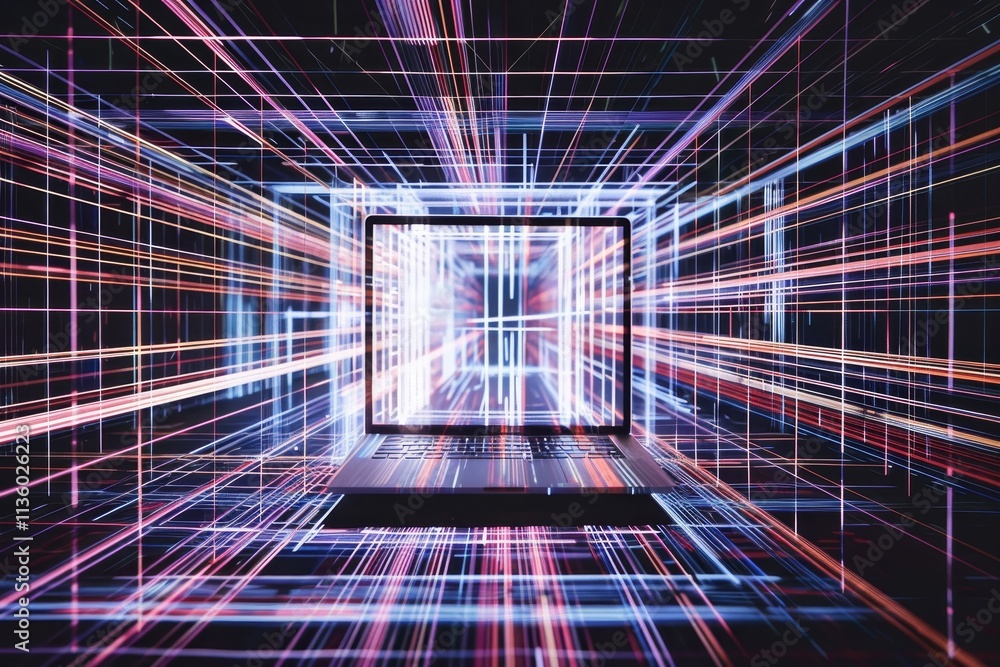 Poster a laptop screen displaying a vibrant digital network, with colorful lines representing data flow, a 