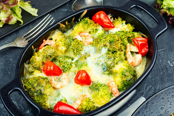 Freshly baked broccoli and prawns.