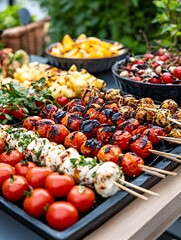 Colorful grilled skewers with fresh vegetables and herbs displayed on outdoor barbecue buffet table : Generative AI
