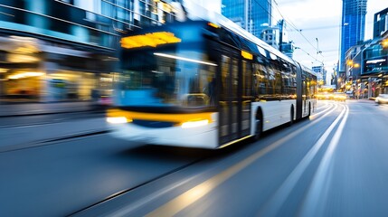 City Street with Blurred Motion of Electric Bus at Twilight : Generative AI