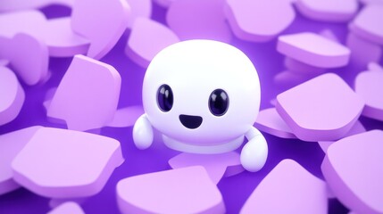 Happy cartoon character amidst purple shapes.
