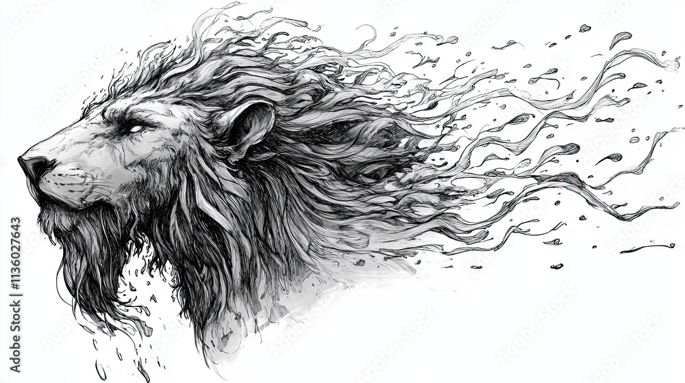 Poster abstract lion head with mane disintegrating into lines