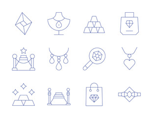 Luxury icons. Thin Line style, editable stroke. gems, gold bars, red carpet, magnifying glass, jewelry, luxury shop, necklace, ring, shopping bag