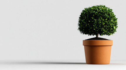 Fototapeta premium Tiny Tree in Terracotta Pot: A single, round, green bush in a terracotta pot stands on a white background, providing a minimalist and elegant touch to your design. 