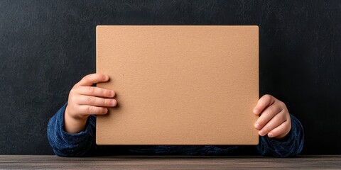 Fototapeta premium A child holds a blank cardboard sign in front of them against a dark background, creating an inviting space for messages or artwork.
