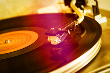 Vinyl Record player against a concrete wall. Close Up Retro processing. Musical b