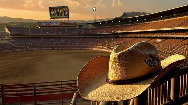 Cowboy hat at sunset overlooking a rodeo stadium filled with spectators.