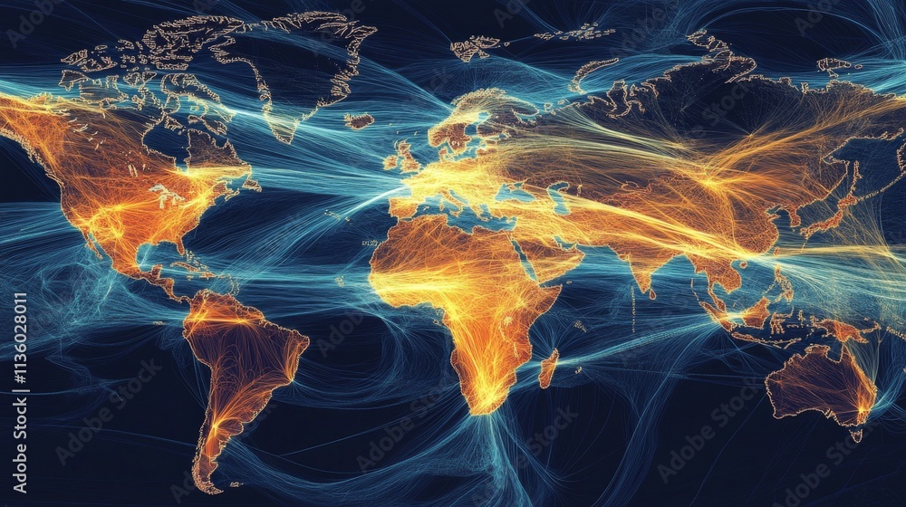 Poster global air traffic patterns visualization worldwide digital art dynamic environment aerial perspecti
