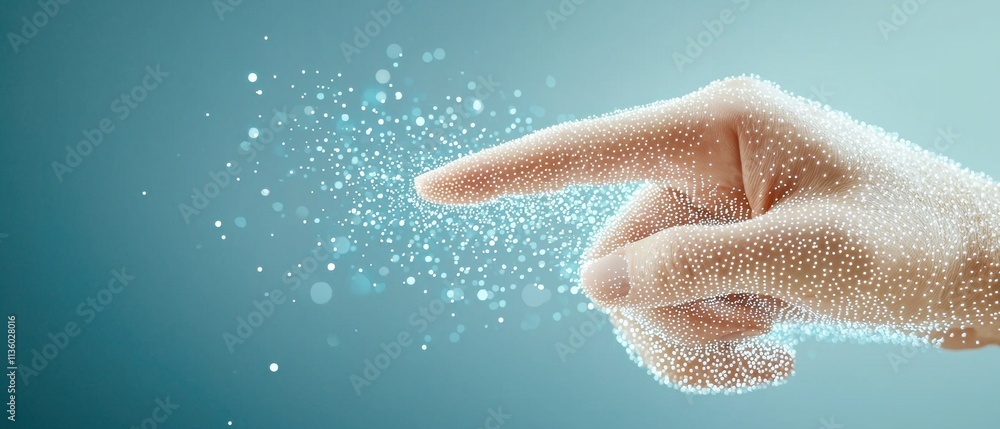 Poster a close-up of a fingertip emitting sparkling particles against a soft blue background, symbolizing c
