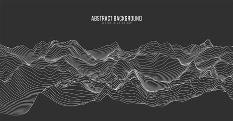 Contour mountain landscape. Waved line art. Abstract minimal topographic map. Contour lines with elevations and terrain depth. Vector illustration.