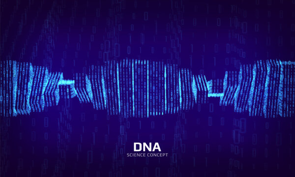 Abstract binary DNA structure. 3D digital genetic model constructed with numbers one and zero. Scientific background for genetics, biotechnology and medical research. Vector illustration.