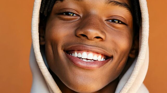 Young person smiles brightly against an orange backdrop while wearing a hoodie in a joyful moment of self-expression