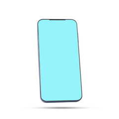 A blue cell phone with a bright white screen is floating isolated on a white background.