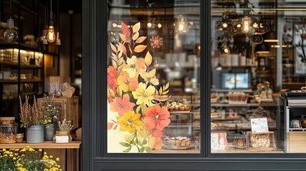 Naklejka premium Autumn Floral Display Enhances Bakery Window