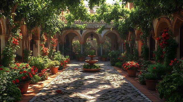Sunlit Courtyard Garden With Stone Path And Fountain