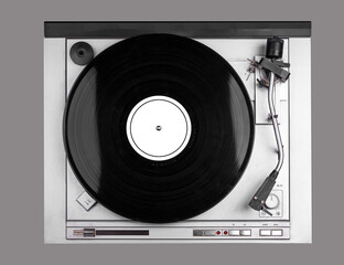 Vinyl Record player isolated in grey background. Top view. Musical