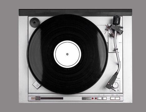 Vinyl Record player isolated in grey background. Top view. Musical