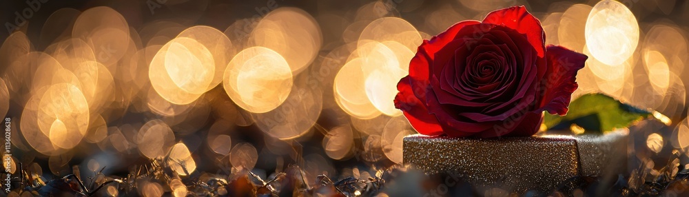 Poster elegant red rose resting on a golden gift box with soft bokeh lights in the background creating a ro