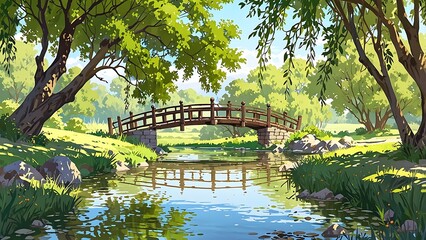 Fototapeta premium A serene landscape featuring a wooden bridge over a calm stream surrounded by lush greenery.
