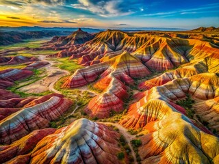 Aerial Long Exposure of Badlands Colorful Sandstone Rock Formations with Eroded Canyons and Red Swirls Captured in Stunning 4K Drone Footage