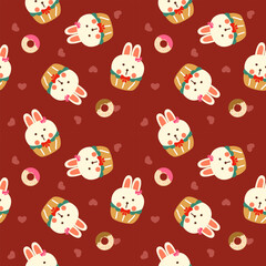 Cupcake rabbit cartoon so cute. On heart donut red background. Pattern seamless vector illustration. 
