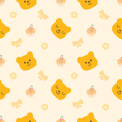 Face bear yellow cartoon so cute. On cupcake knot flower yellow background. Pattern seamless vector illustration. 