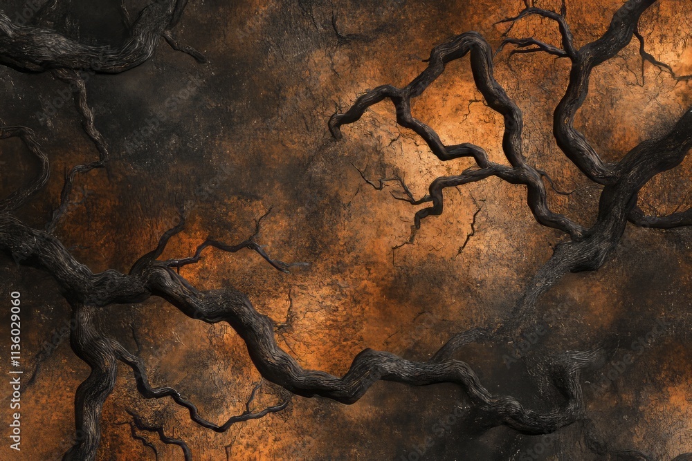 Aufkleber Twisted tree roots create an intricate texture against a dark and earthy backdrop in a forest setting