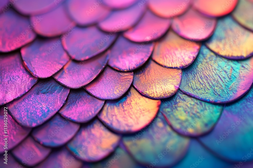 Poster vibrant holographic scales texture showcasing a mix of colors and patterns under soft lighting