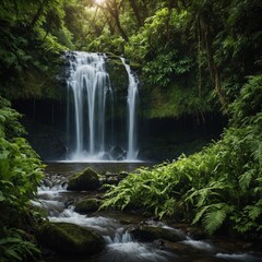 A waterfall framed by lush greenery.