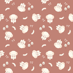 Elephant cartoon so cute. On banana tree red background. Pattern seamless vector illustration. 
