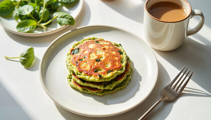  Green spinach pancakes served on a plate with coffee cup.