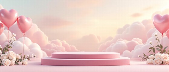 Round podium for Valentine's Day, Wedding. Romantic background with round marble podium, on soft pink background. showcase for product presentation